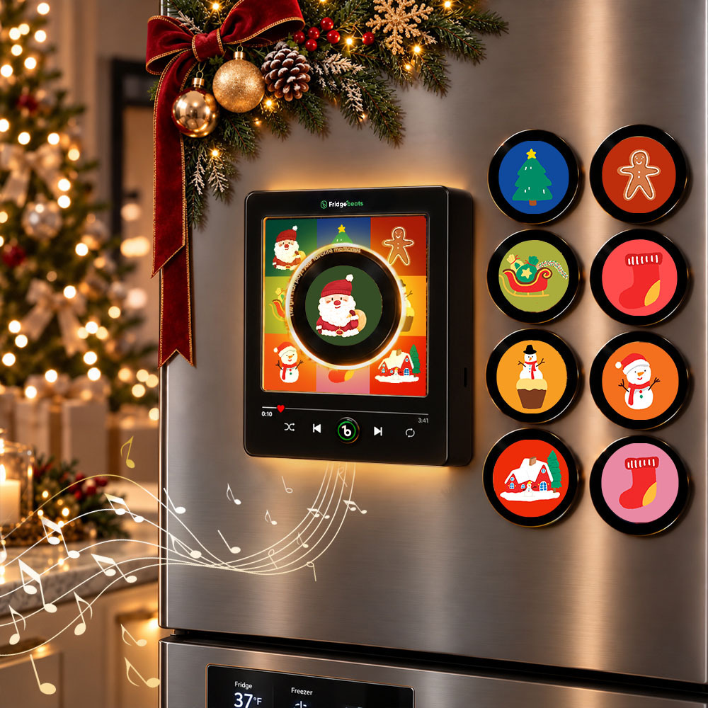 Magnetic Christmas Music Player for Fridge – Festive Vinyl-Style Decor with 9 Holiday Icons & LED Light - Fridgebeatsau