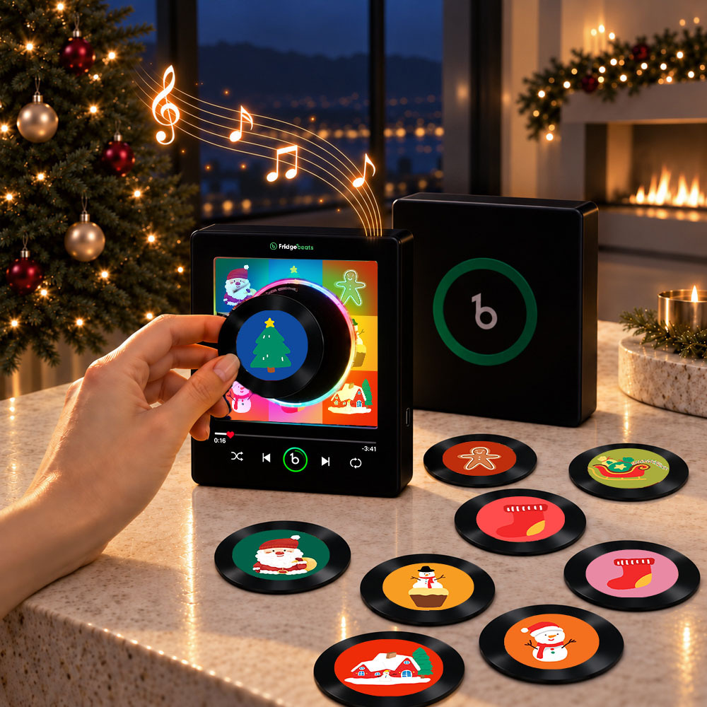 Magnetic Christmas Music Player for Fridge – Festive Vinyl-Style Decor with 9 Holiday Icons & LED Light - Fridgebeatsau