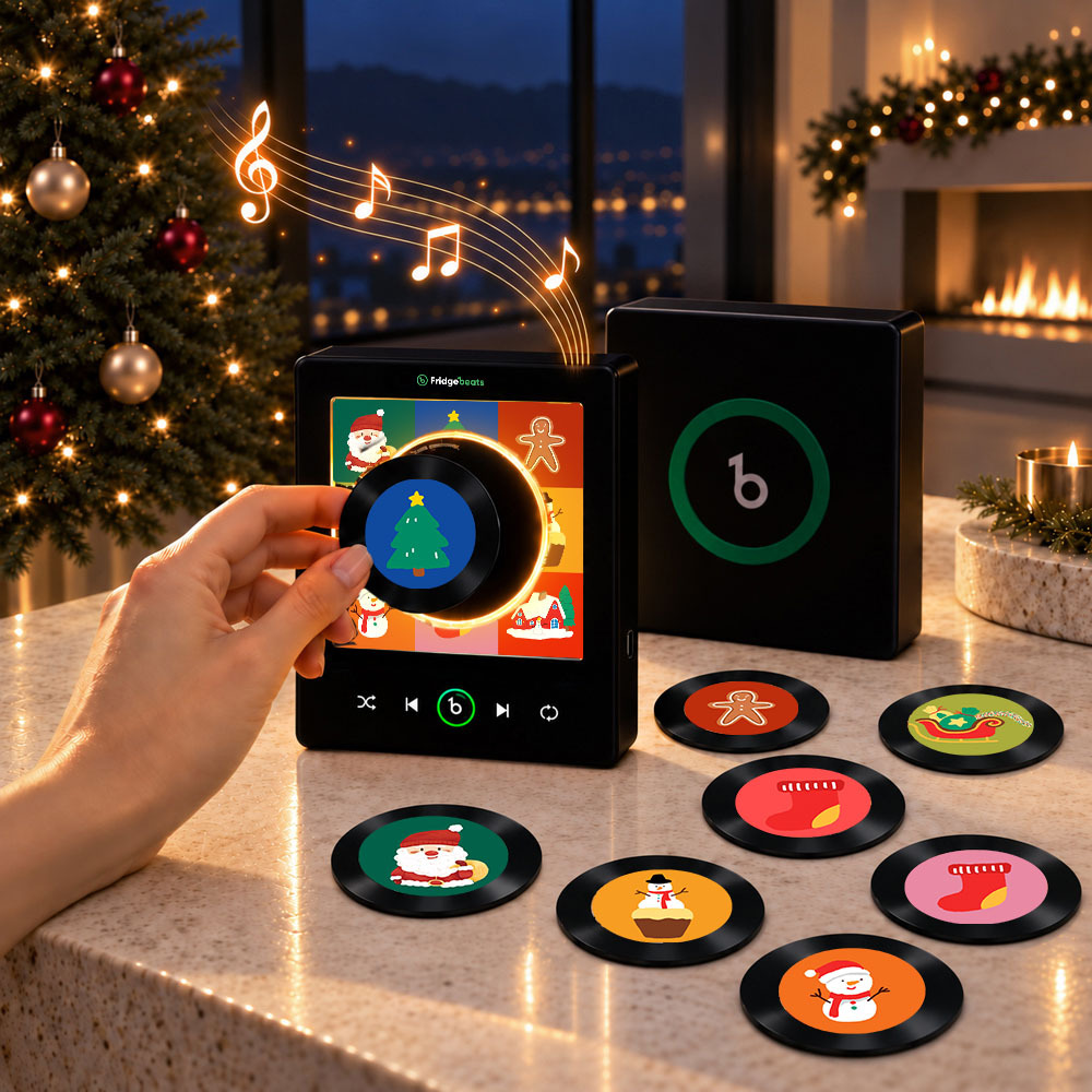 Magnetic Christmas Music Player for Fridge – Festive Vinyl-Style Decor with 9 Holiday Icons & LED Light - Fridgebeatsau
