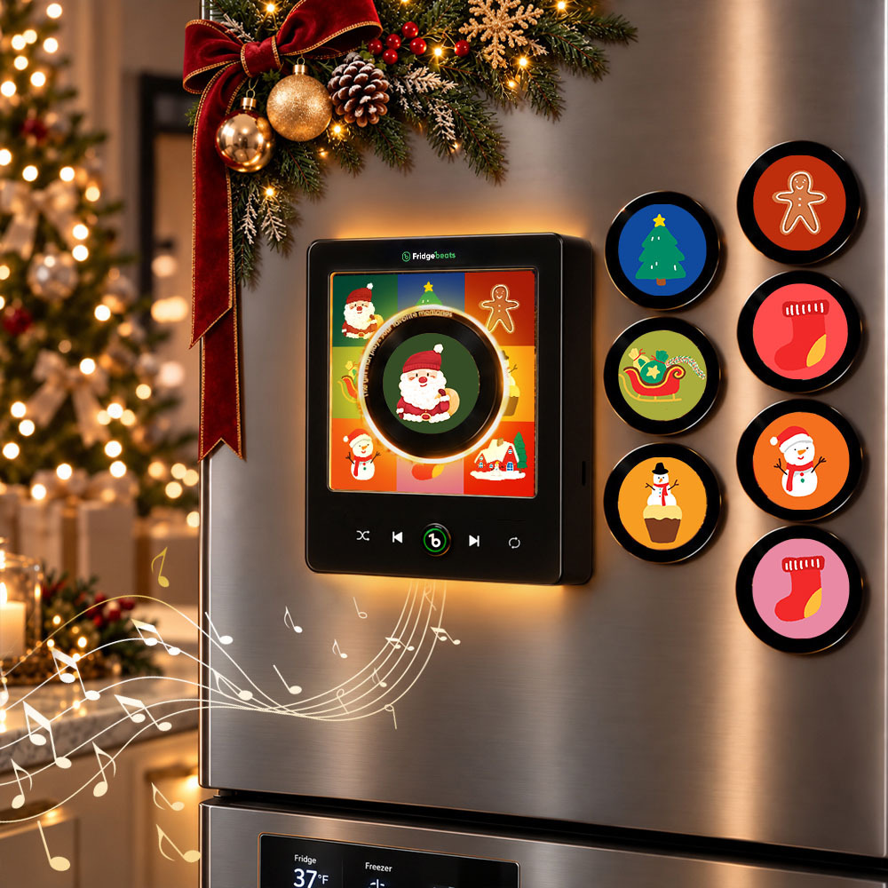 Magnetic Christmas Music Player for Fridge – Festive Vinyl-Style Decor with 9 Holiday Icons & LED Light - Fridgebeatsau
