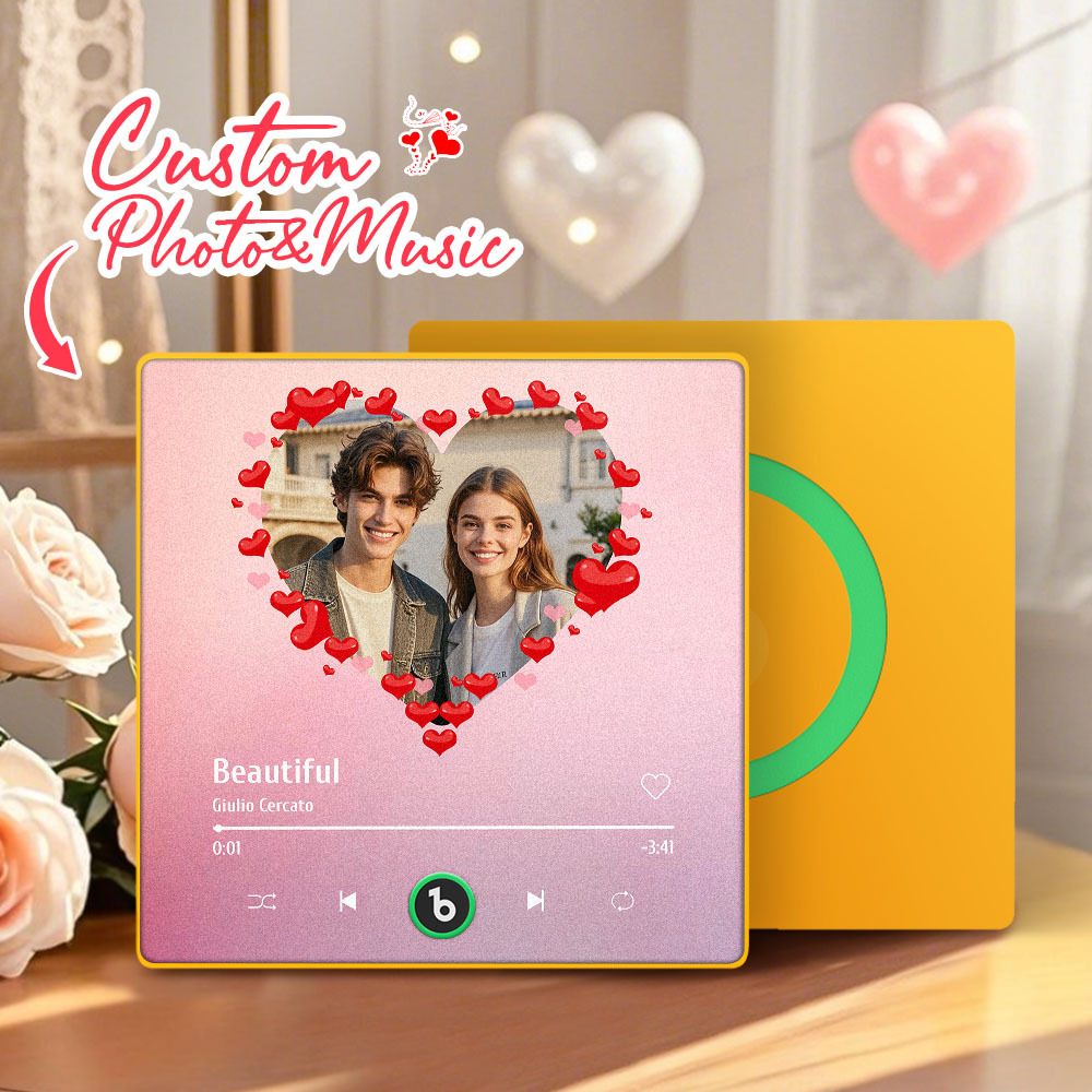 Personalized Music Fridge Magnet Heart Pink Valentine Gift Album Fridge Magnet Music Wall Photo Sticker Music Movement That Can Be Played Gift for Couple - Fridgebeatsau