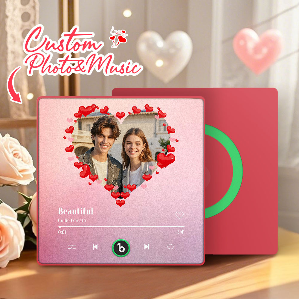 Personalized Music Fridge Magnet Heart Pink Valentine Gift Album Fridge Magnet Music Wall Photo Sticker Music Movement That Can Be Played Gift for Couple - Fridgebeatsau