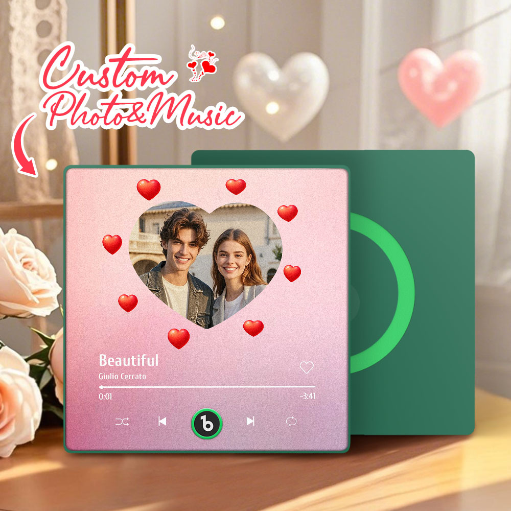 Personalized Music Fridge Magnet Heart Pink Valentine Gift Album Fridge Magnet Music Wall Photo Sticker Music Movement That Can Be Played Gift for Couple - Fridgebeatsau