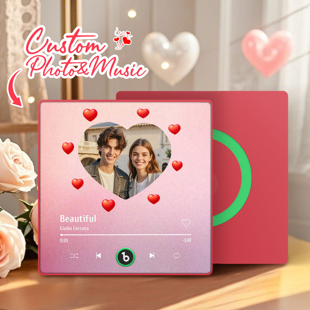 Personalized Music Fridge Magnet Heart Pink Valentine Gift Album Fridge Magnet Music Wall Photo Sticker Music Movement That Can Be Played Gift for Couple - Fridgebeatsau