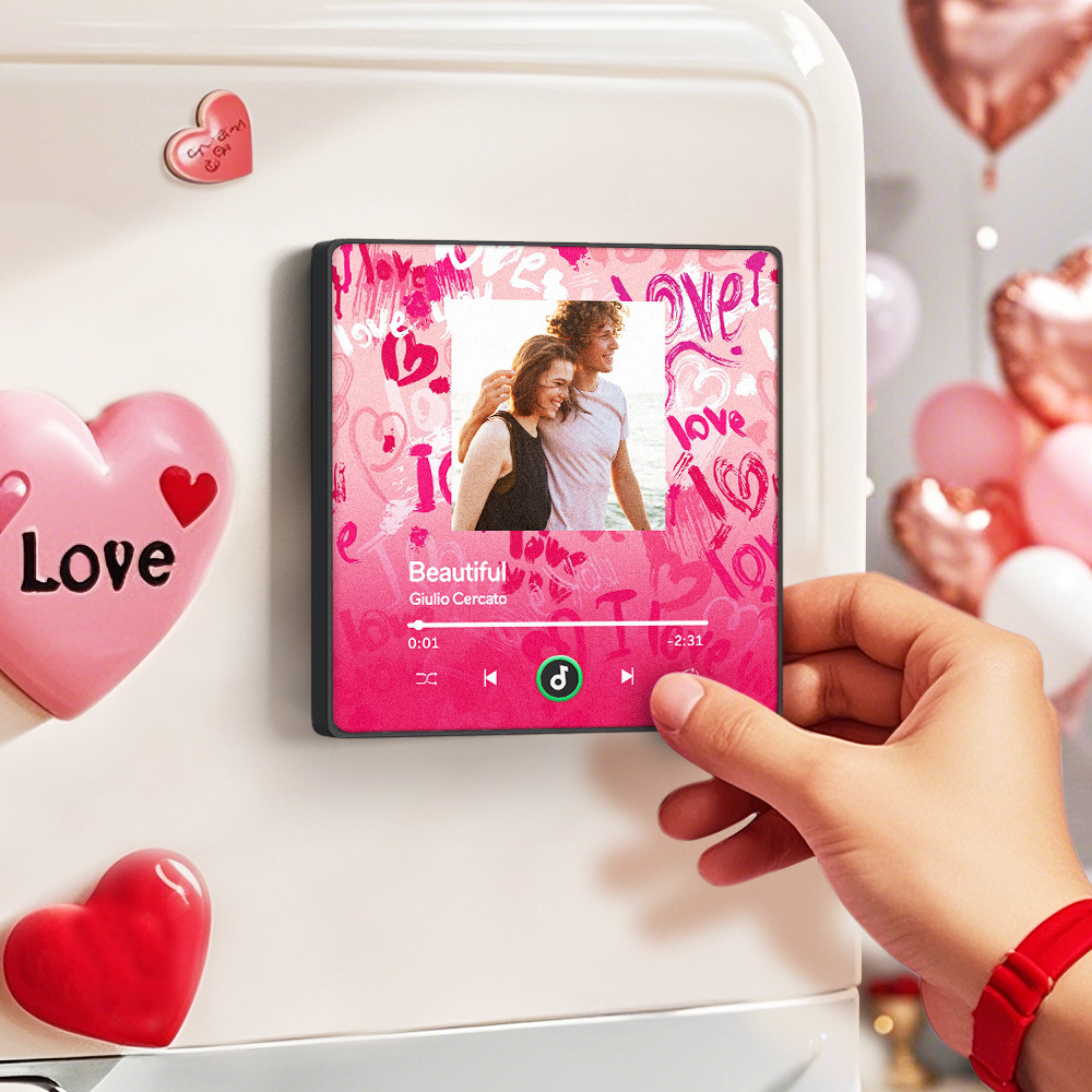 Personalized Music Fridge Magnet Pink Valentine Gift Album Fridge Magnet Music Wall Photo Sticker Music Movement That Can Be Played Gift for Couple - Fridgebeatsau