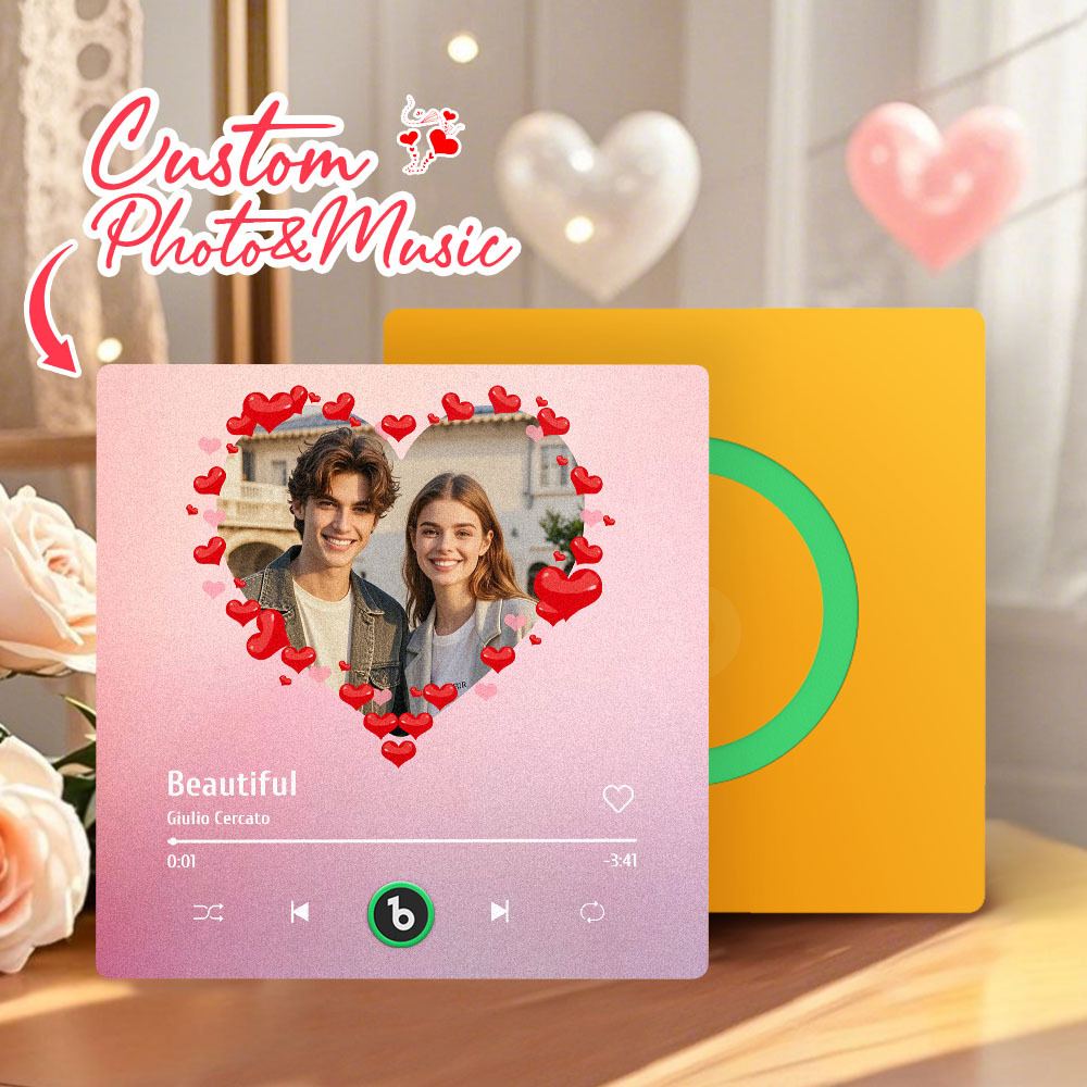 Personalized Music Fridge Magnet Heart Pink Valentine Gift Album Fridge Magnet Music Wall Photo Sticker Music Movement That Can Be Played Gift for Couple - Fridgebeatsau