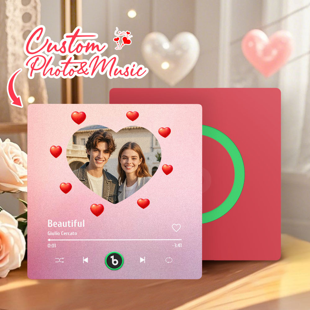 Personalized Music Fridge Magnet Heart Pink Valentine Gift Album Fridge Magnet Music Wall Photo Sticker Music Movement That Can Be Played Gift for Couple - Fridgebeatsau