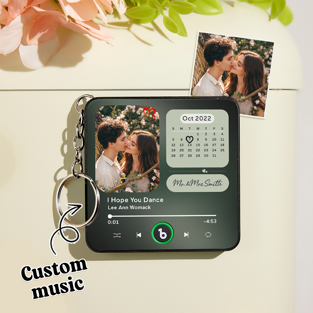 Custom Mini Music Fridge Magnet Keychain Personalized Photo Calendar Fridge Magnet Keychain With Music That Can Play Song Calendar Keyring Gifts Anniversary Gifts for Couple - Fridgebeatsau