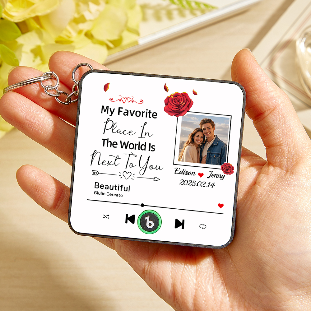 Custom Music Fridge Magnet Personalized Photo Refrigerator Magnet With Flower Pattern My Favorite Place In The World Is Next To You Gift for Couple - Fridgebeatsau