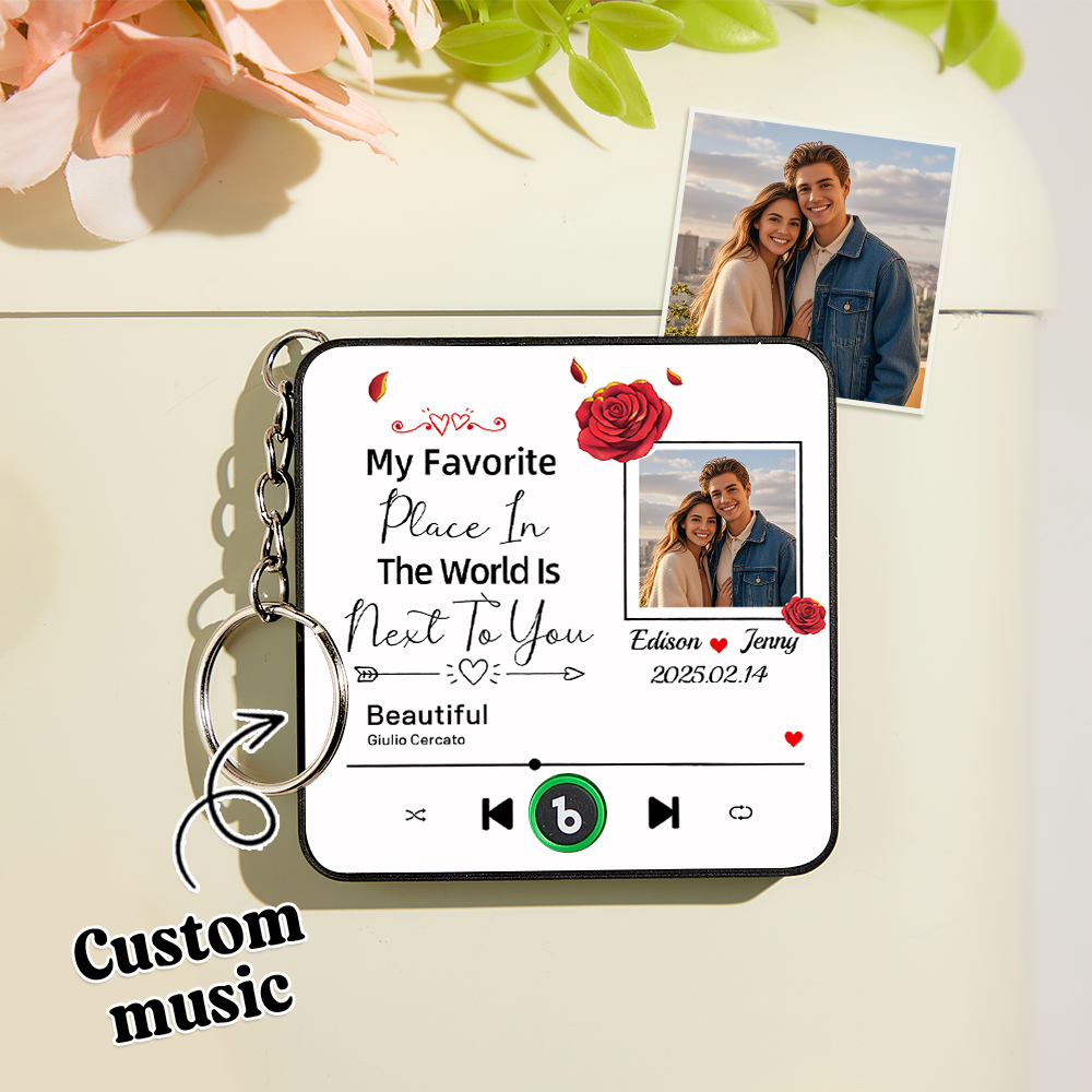 Custom Music Fridge Magnet Personalized Photo Refrigerator Magnet With Flower Pattern My Favorite Place In The World Is Next To You Gift for Couple - Fridgebeatsau