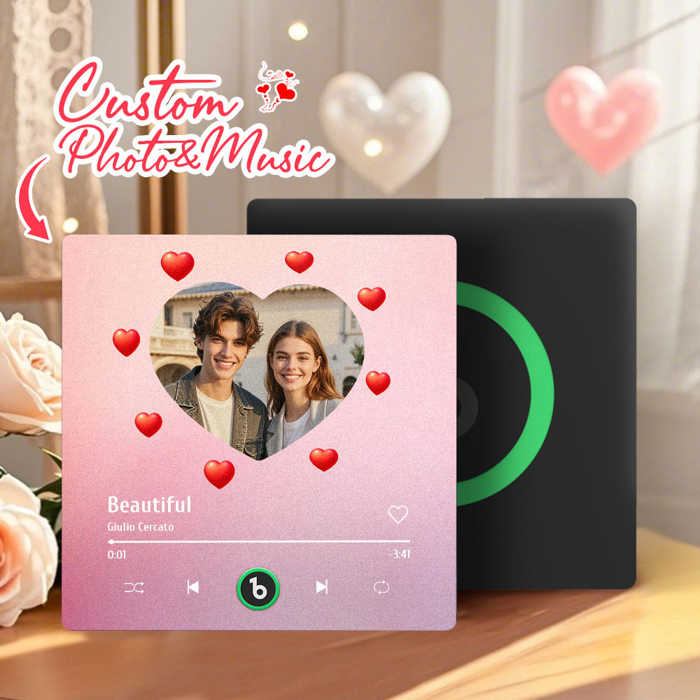 Personalized Music Fridge Magnet Heart Pink Valentine Gift Album Fridge Magnet Music Wall Photo Sticker Music Movement That Can Be Played Gift for Couple - Fridgebeatsau