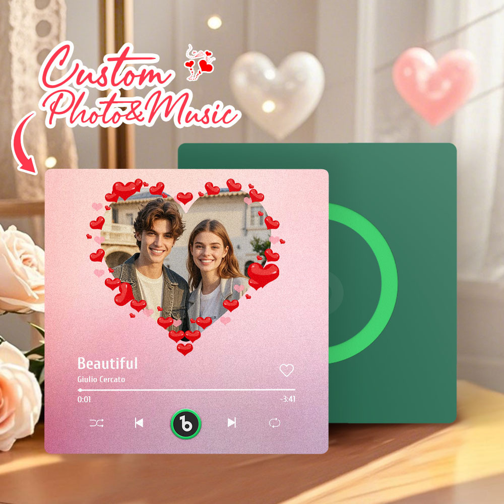 Personalized Music Fridge Magnet Heart Pink Valentine Gift Album Fridge Magnet Music Wall Photo Sticker Music Movement That Can Be Played Gift for Couple - Fridgebeatsau