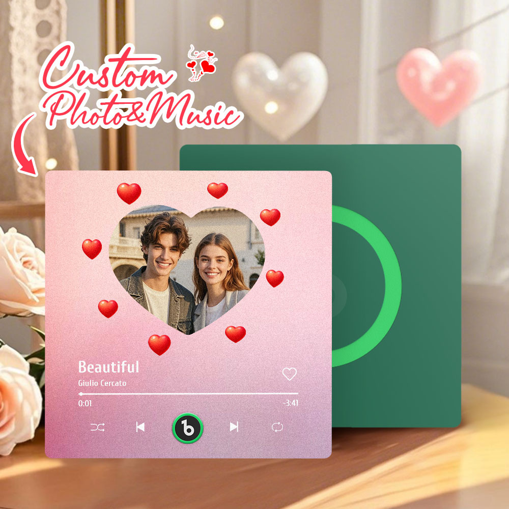 Personalized Music Fridge Magnet Heart Pink Valentine Gift Album Fridge Magnet Music Wall Photo Sticker Music Movement That Can Be Played Gift for Couple - Fridgebeatsau