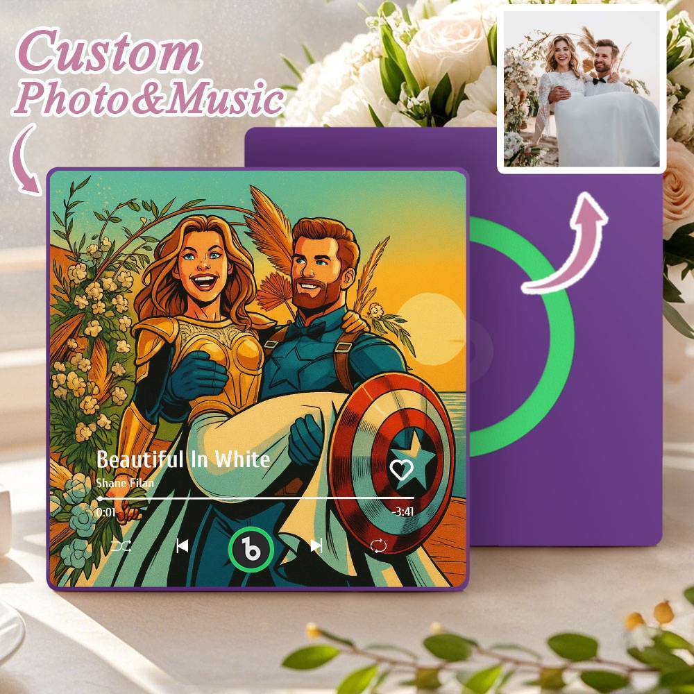 カスタム音楽冷蔵庫マグネット。パーソナライズされた写真。様々な漫画スタイルの歌を再生できる冷蔵庫マグネット。結婚祝いやカップルへの記念日の贈り物。