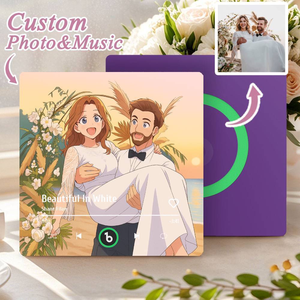 カスタム音楽冷蔵庫マグネット。パーソナライズされた写真。様々な漫画スタイルの歌を再生できる冷蔵庫マグネット。結婚祝いやカップルへの記念日の贈り物。 - Fridgebeatsjp