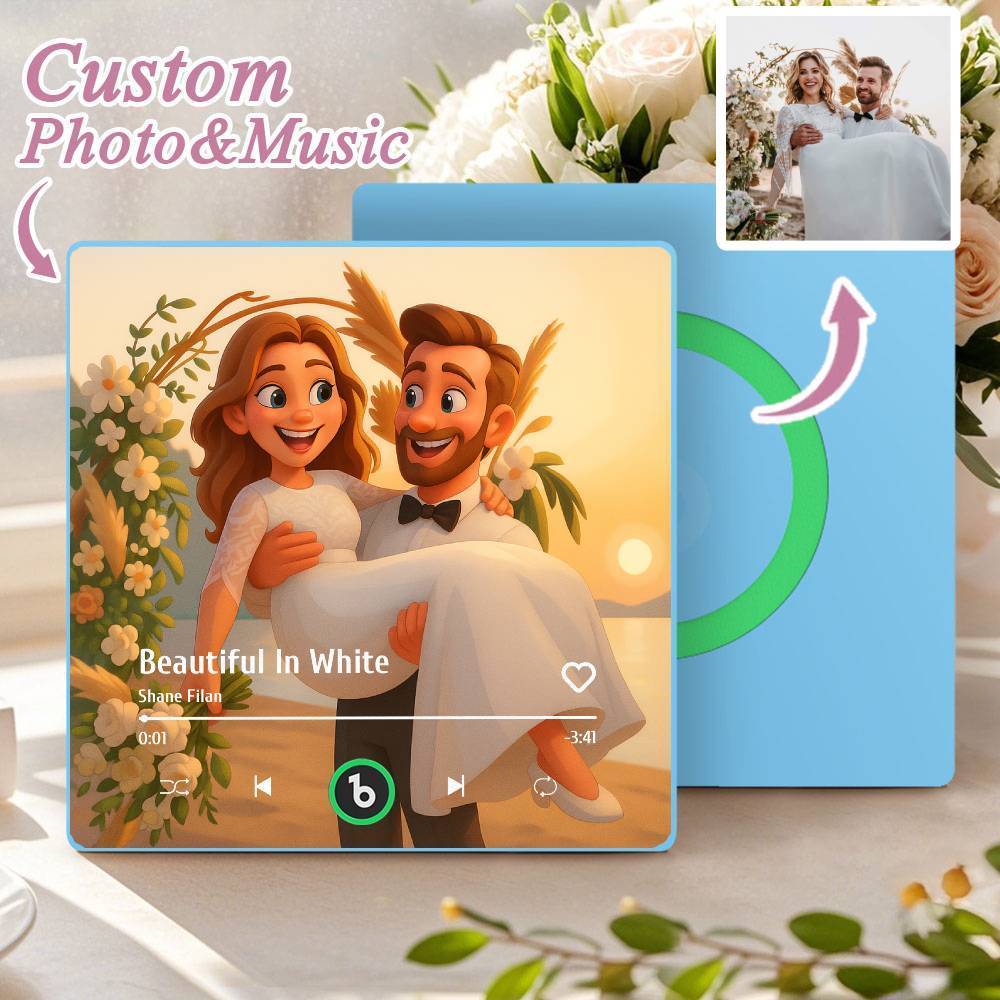 カスタム音楽冷蔵庫マグネット。パーソナライズされた写真。様々な漫画スタイルの歌を再生できる冷蔵庫マグネット。結婚祝いやカップルへの記念日の贈り物。 - Fridgebeatsjp