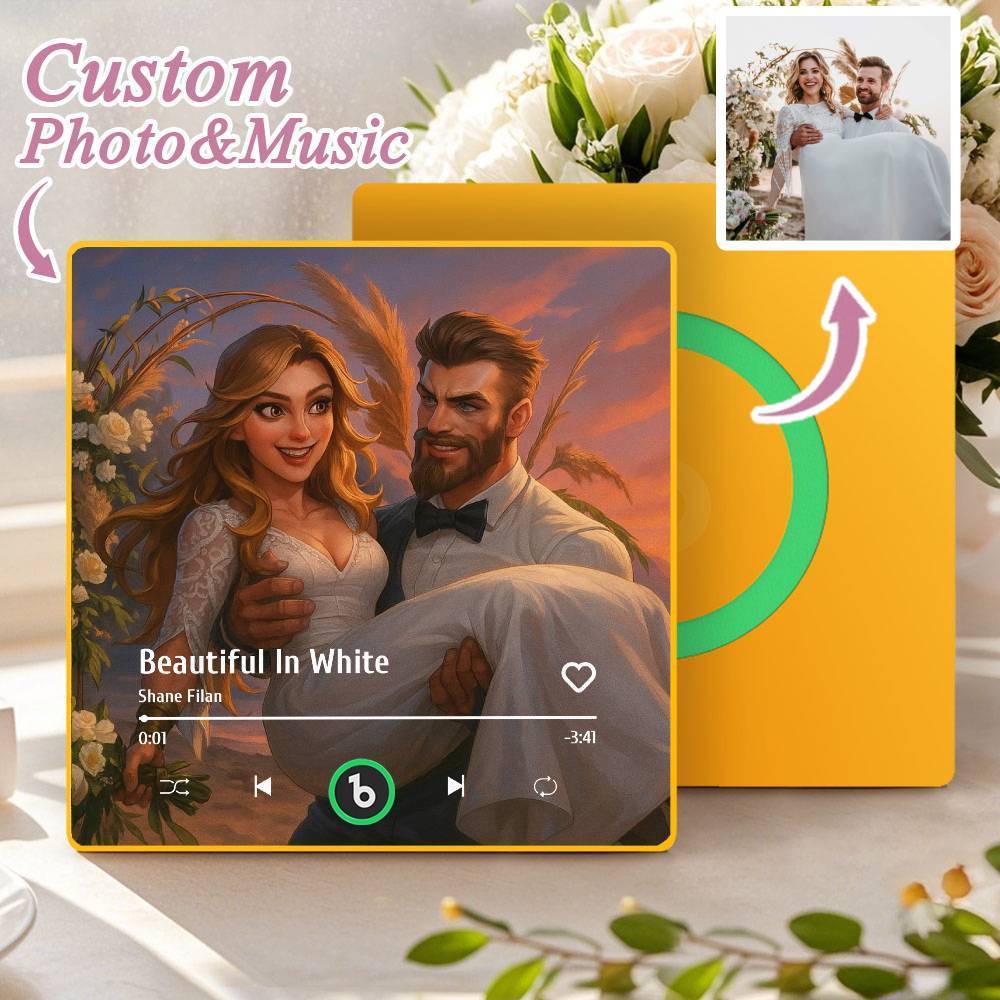 カスタム音楽冷蔵庫マグネット。パーソナライズされた写真。様々な漫画スタイルの歌を再生できる冷蔵庫マグネット。結婚祝いやカップルへの記念日の贈り物。 - Fridgebeatsjp