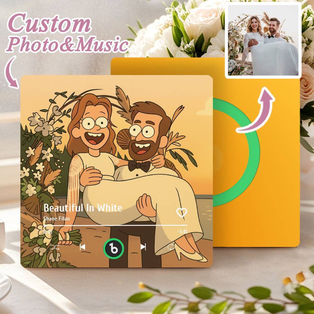 カスタム音楽冷蔵庫マグネット。パーソナライズされた写真。様々な漫画スタイルの歌を再生できる冷蔵庫マグネット。結婚祝いやカップルへの記念日の贈り物。 - Fridgebeatsjp