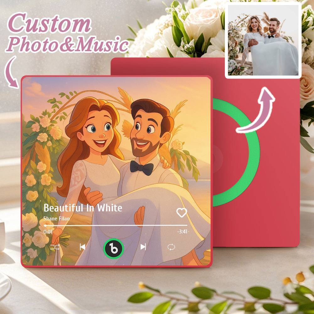 カスタム音楽冷蔵庫マグネット。パーソナライズされた写真。様々な漫画スタイルの歌を再生できる冷蔵庫マグネット。結婚祝いやカップルへの記念日の贈り物。 - Fridgebeatsjp