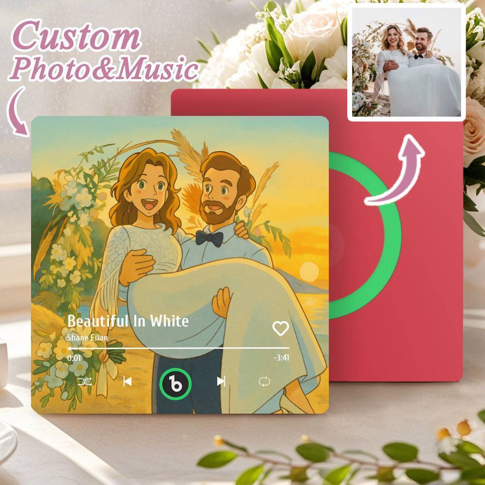 カスタム音楽冷蔵庫マグネット。パーソナライズされた写真。様々な漫画スタイルの歌を再生できる冷蔵庫マグネット。結婚祝いやカップルへの記念日の贈り物。 - Fridgebeatsjp