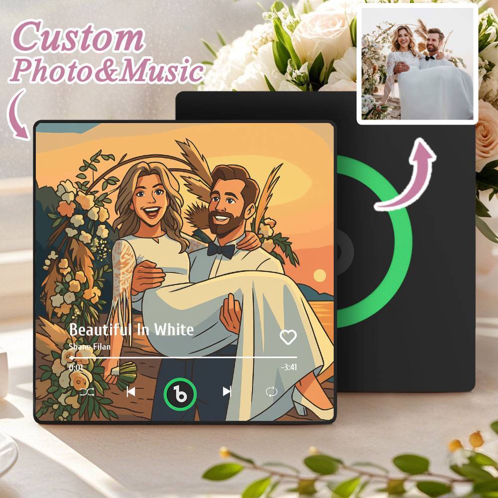 カスタム音楽冷蔵庫マグネット。パーソナライズされた写真。様々な漫画スタイルの歌を再生できる冷蔵庫マグネット。結婚祝いやカップルへの記念日の贈り物。 - Fridgebeatsjp