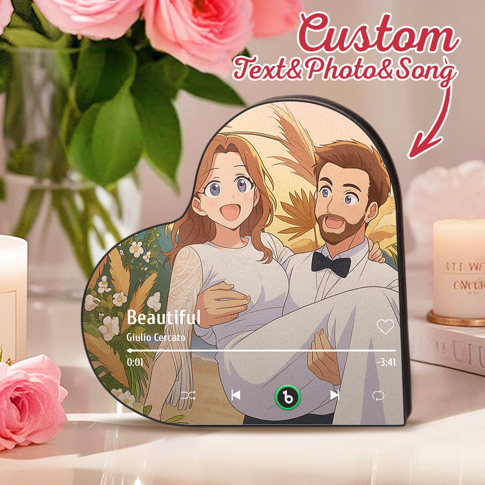 カスタムハート型音楽冷蔵庫マグネット。パーソナライズされた写真。様々な漫画スタイルの歌を再生できる冷蔵庫マグネット。結婚祝い、カップルへの記念日の贈り物。 - Fridgebeatsjp