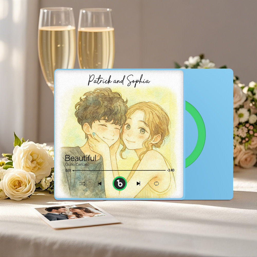 カスタム音楽冷蔵庫マグネット。パーソナライズされた写真の水彩画スタイルの歌マグネットで、曲を再生できます。結婚祝いやカップルへの記念日の贈り物にも。 - Fridgebeatsjp