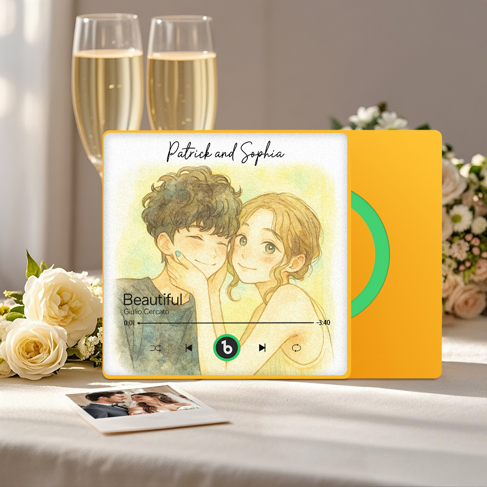 カスタム音楽冷蔵庫マグネット。パーソナライズされた写真の水彩画スタイルの歌マグネットで、曲を再生できます。結婚祝いやカップルへの記念日の贈り物にも。 - Fridgebeatsjp