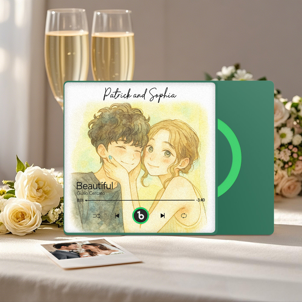 カスタム音楽冷蔵庫マグネット。パーソナライズされた写真の水彩画スタイルの歌マグネットで、曲を再生できます。結婚祝いやカップルへの記念日の贈り物にも。 - Fridgebeatsjp