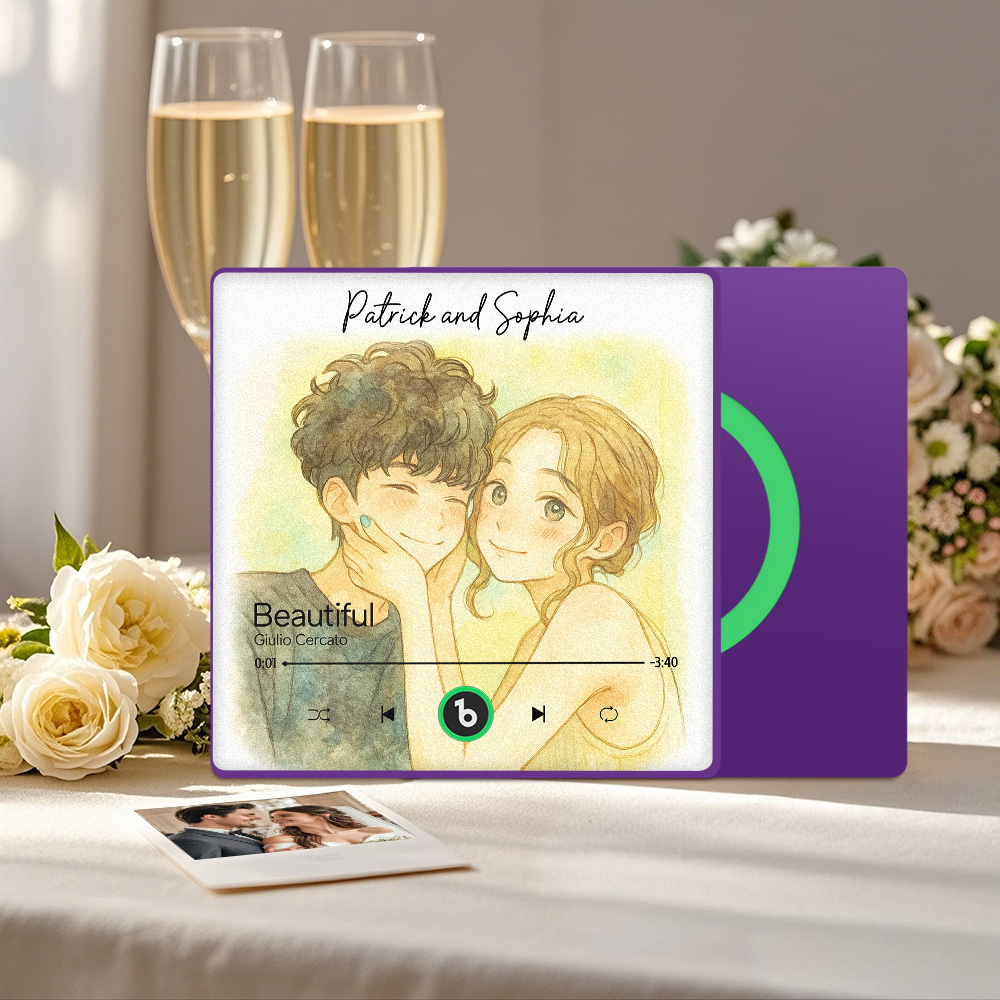 カスタム音楽冷蔵庫マグネット。パーソナライズされた写真の水彩画スタイルの歌マグネットで、曲を再生できます。結婚祝いやカップルへの記念日の贈り物にも。 - Fridgebeatsjp