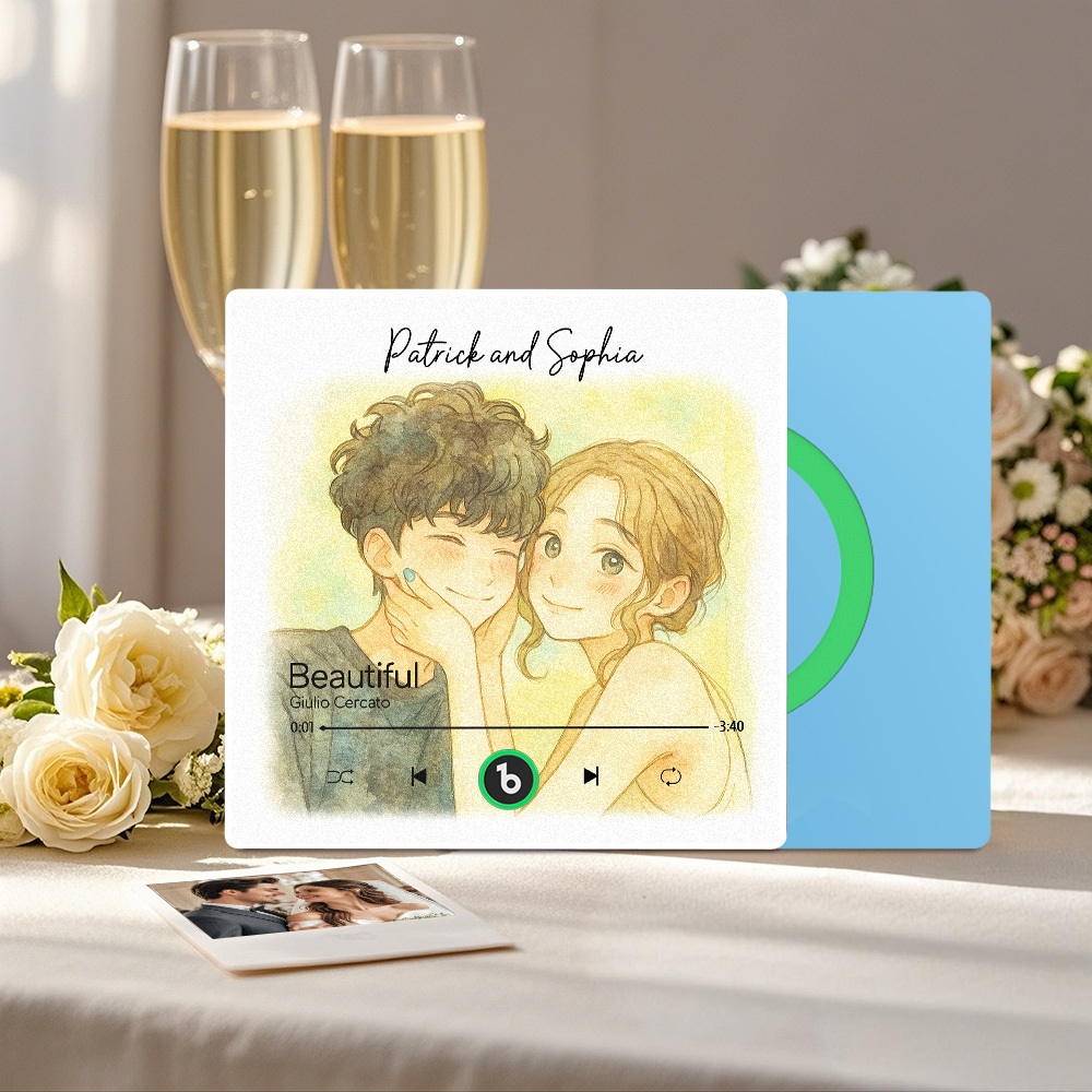 カスタム音楽冷蔵庫マグネット。パーソナライズされた写真の水彩画スタイルの歌マグネットで、曲を再生できます。結婚祝いやカップルへの記念日の贈り物にも。 - Fridgebeatsjp