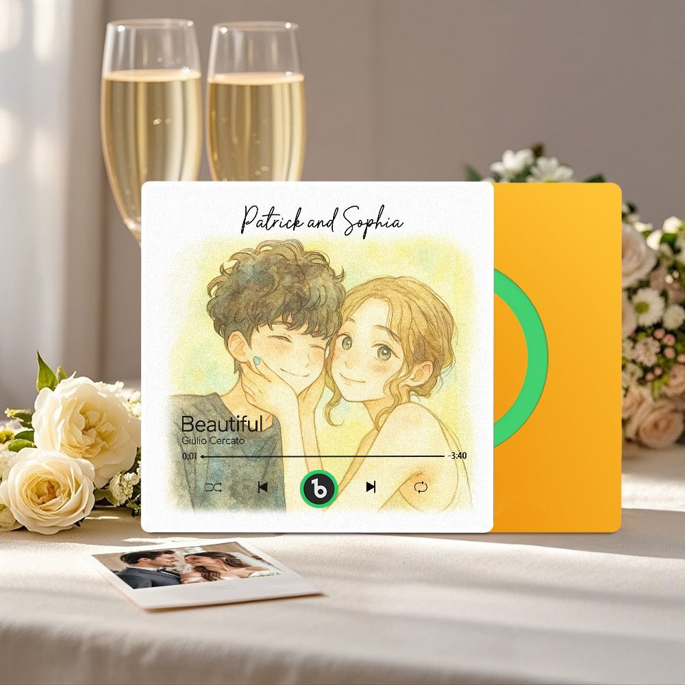 カスタム音楽冷蔵庫マグネット。パーソナライズされた写真の水彩画スタイルの歌マグネットで、曲を再生できます。結婚祝いやカップルへの記念日の贈り物にも。 - Fridgebeatsjp