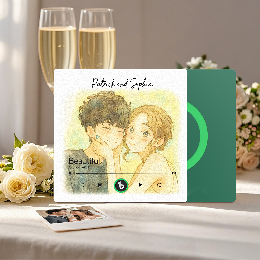 カスタム音楽冷蔵庫マグネット。パーソナライズされた写真の水彩画スタイルの歌マグネットで、曲を再生できます。結婚祝いやカップルへの記念日の贈り物にも。 - Fridgebeatsjp
