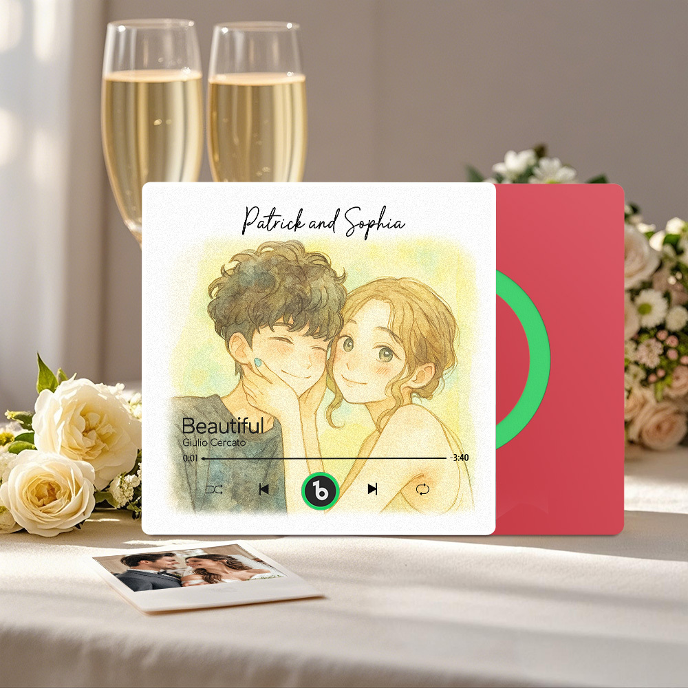 カスタム音楽冷蔵庫マグネット。パーソナライズされた写真の水彩画スタイルの歌マグネットで、曲を再生できます。結婚祝いやカップルへの記念日の贈り物にも。 - Fridgebeatsjp