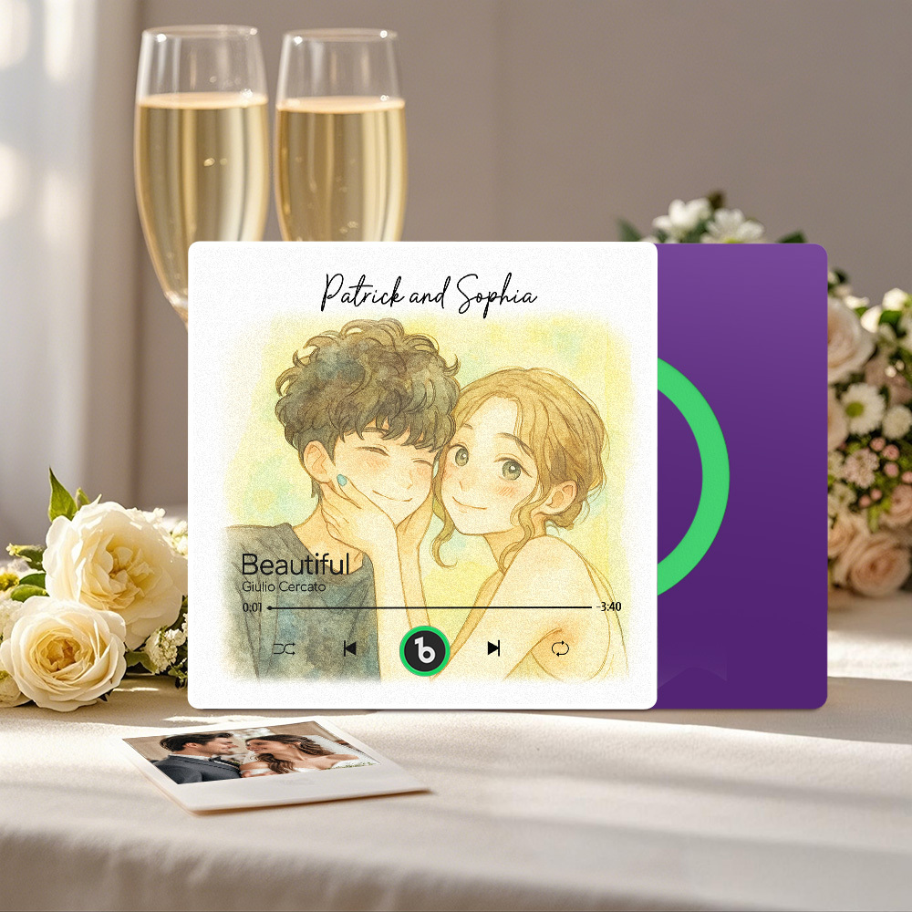 カスタム音楽冷蔵庫マグネット。パーソナライズされた写真の水彩画スタイルの歌マグネットで、曲を再生できます。結婚祝いやカップルへの記念日の贈り物にも。 - Fridgebeatsjp