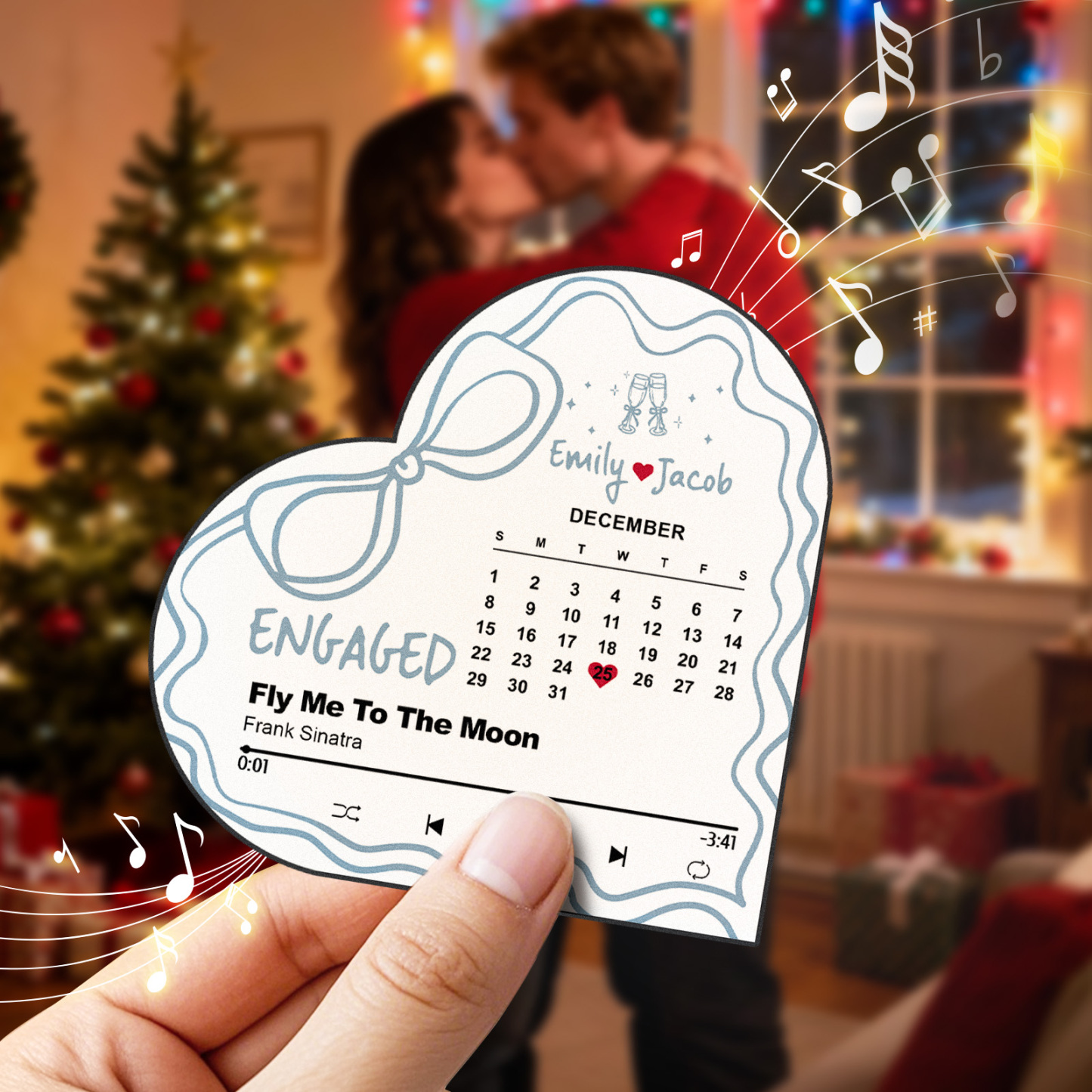 カップルへの特別なギフト - 婚約 - Fly Me To The Moon - 婚約ギフト - 初めてのクリスマス - パーソナライズされたハートフレームの音楽冷蔵庫マグネット - Fridgebeatsjp