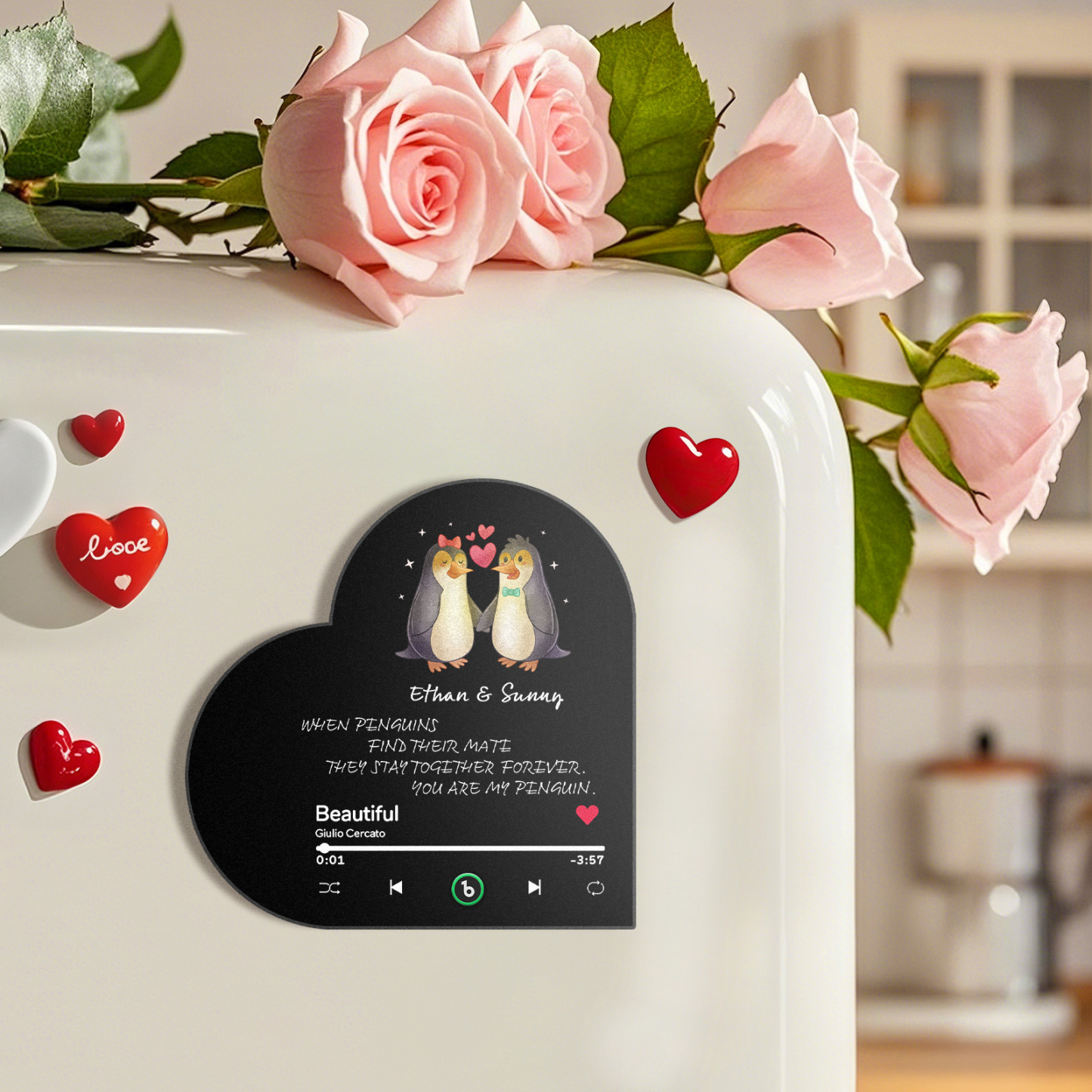 Aimant De Réfrigérateur Musical Personnalisé En Forme De Cœur « tu Es Mon Pingouin » - Cadeau Pour Couples - Fridgebeatsfr