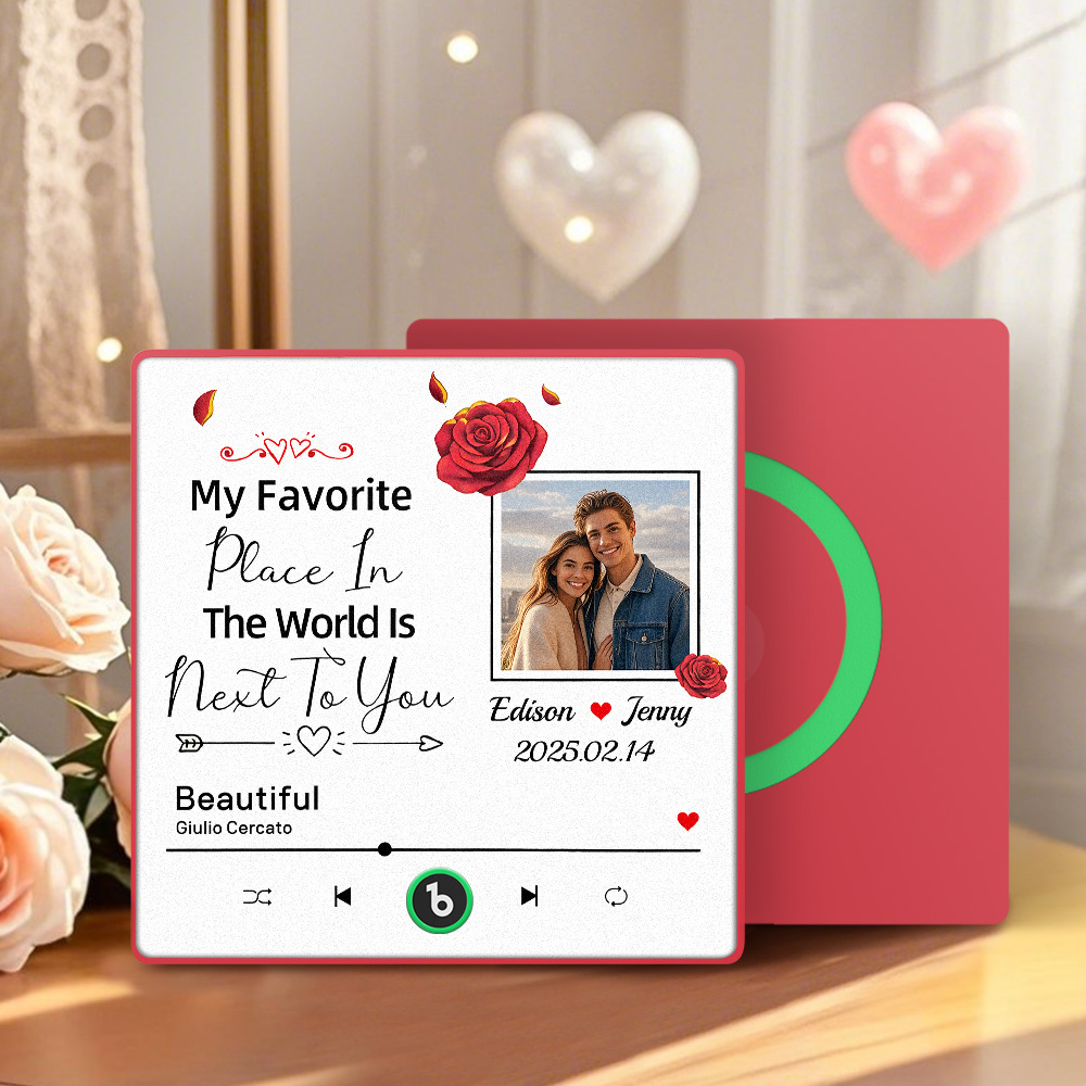 Custom Music Fridge Magnet Personalized Photo Refrigerator Magnet With Flower Pattern My Favorite Place In The World Is Next To You Gift for Couple - Fridgebeatsca