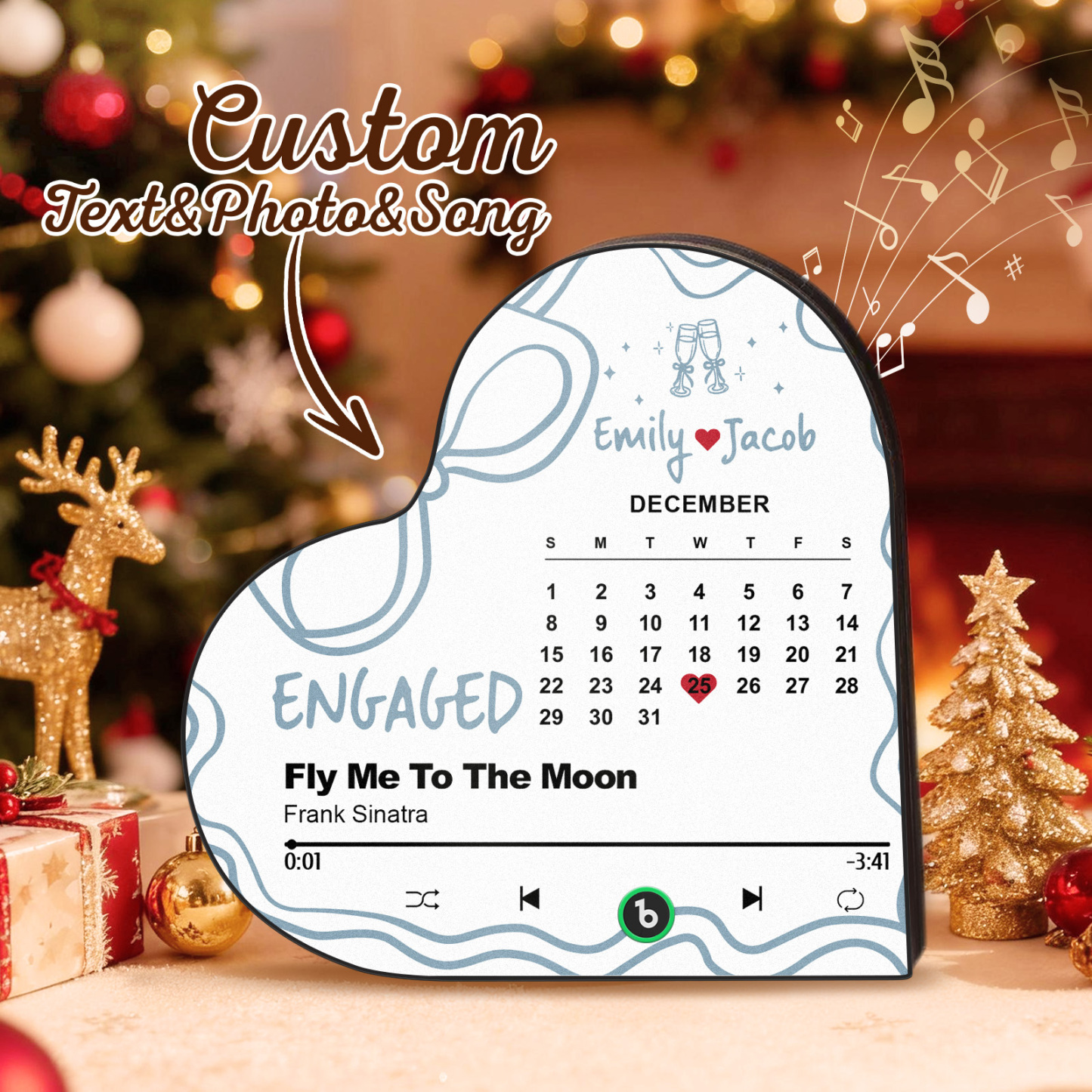 Special Gift For Couple - Engaged - Fly me to the moon - Engagement Gift - First christmas - Personalized Heart Frame Music Fridge Magnet - Fridgebeatsca