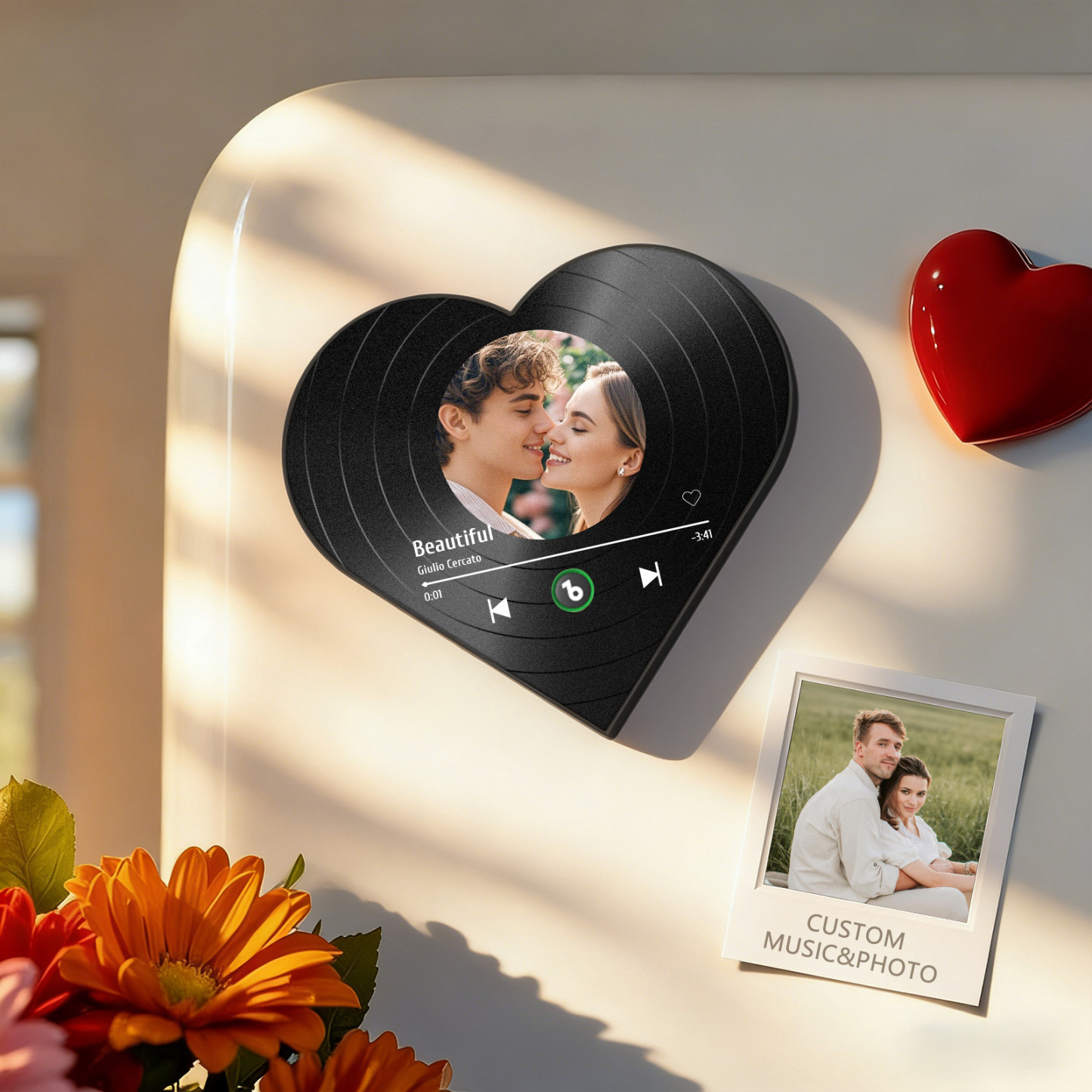 Custom Heart-Shaped Music Photo Fridge Magnet Vinyl Records Style Romantic Gift for Couples Valentine's Day Gifts - Fridgebeatsca