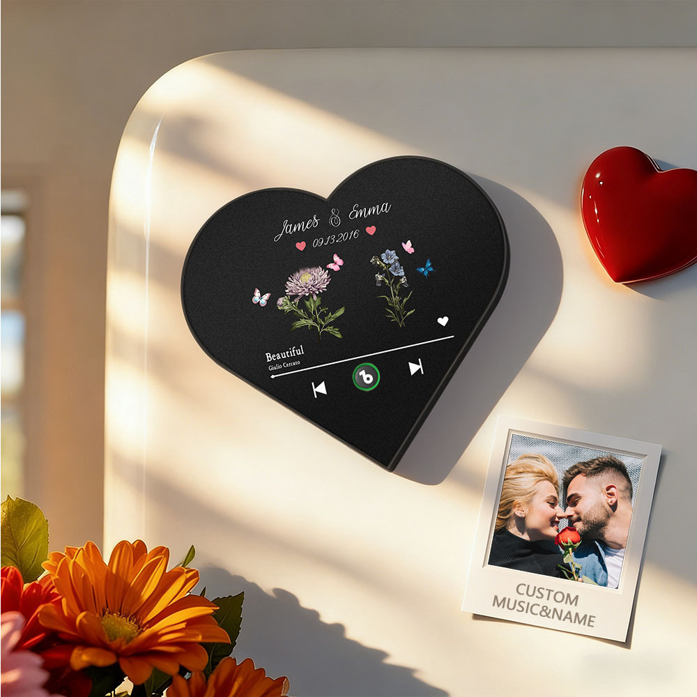 Custom Heart-Shaped Birth Month Flower Music Fridge Magnet Romantic Gift for Couples Valentine's Day Gifts - Fridgebeatsca