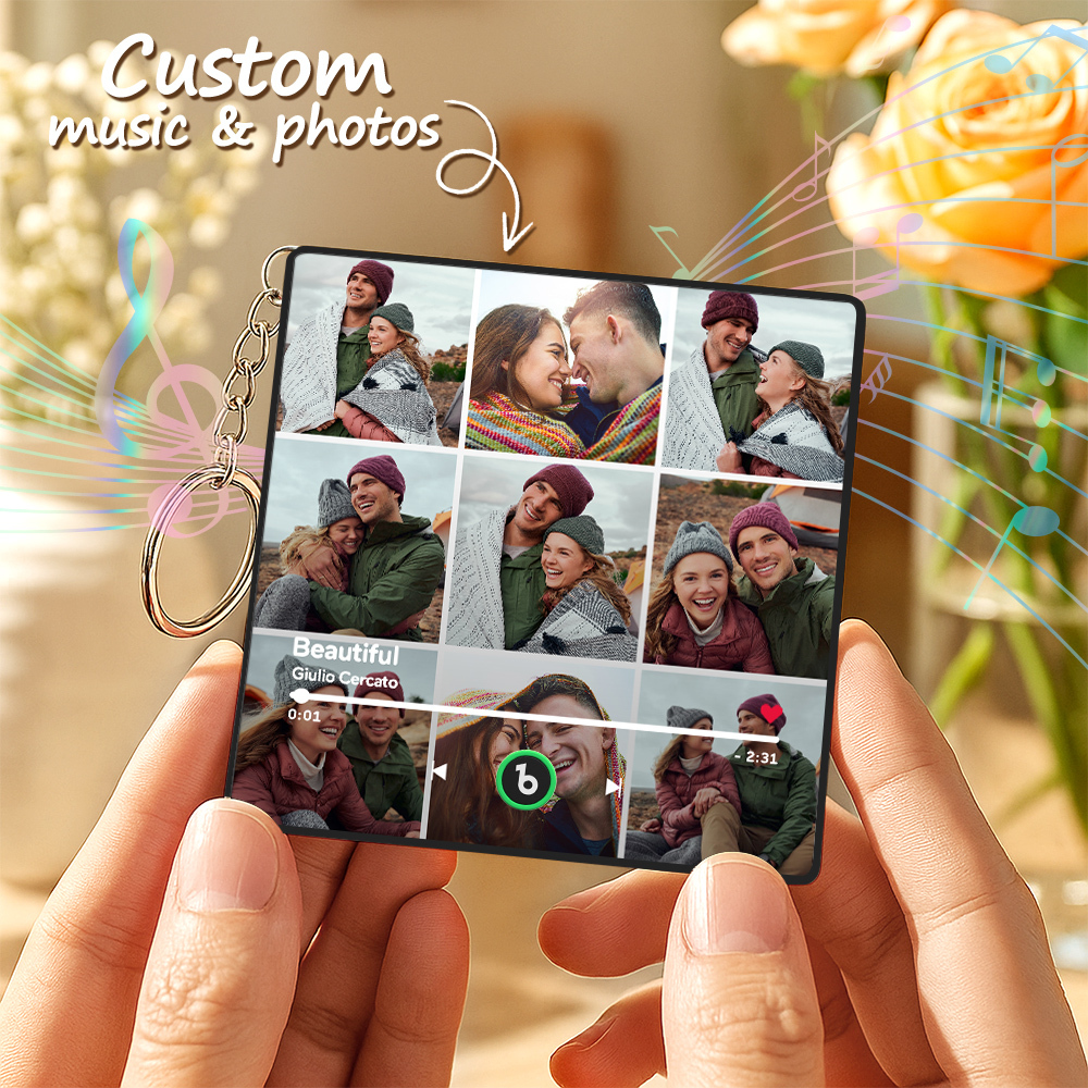 Personalized Photo Music Keychain Album Box Package Charm, Ready To Play Music Anniversary Gift