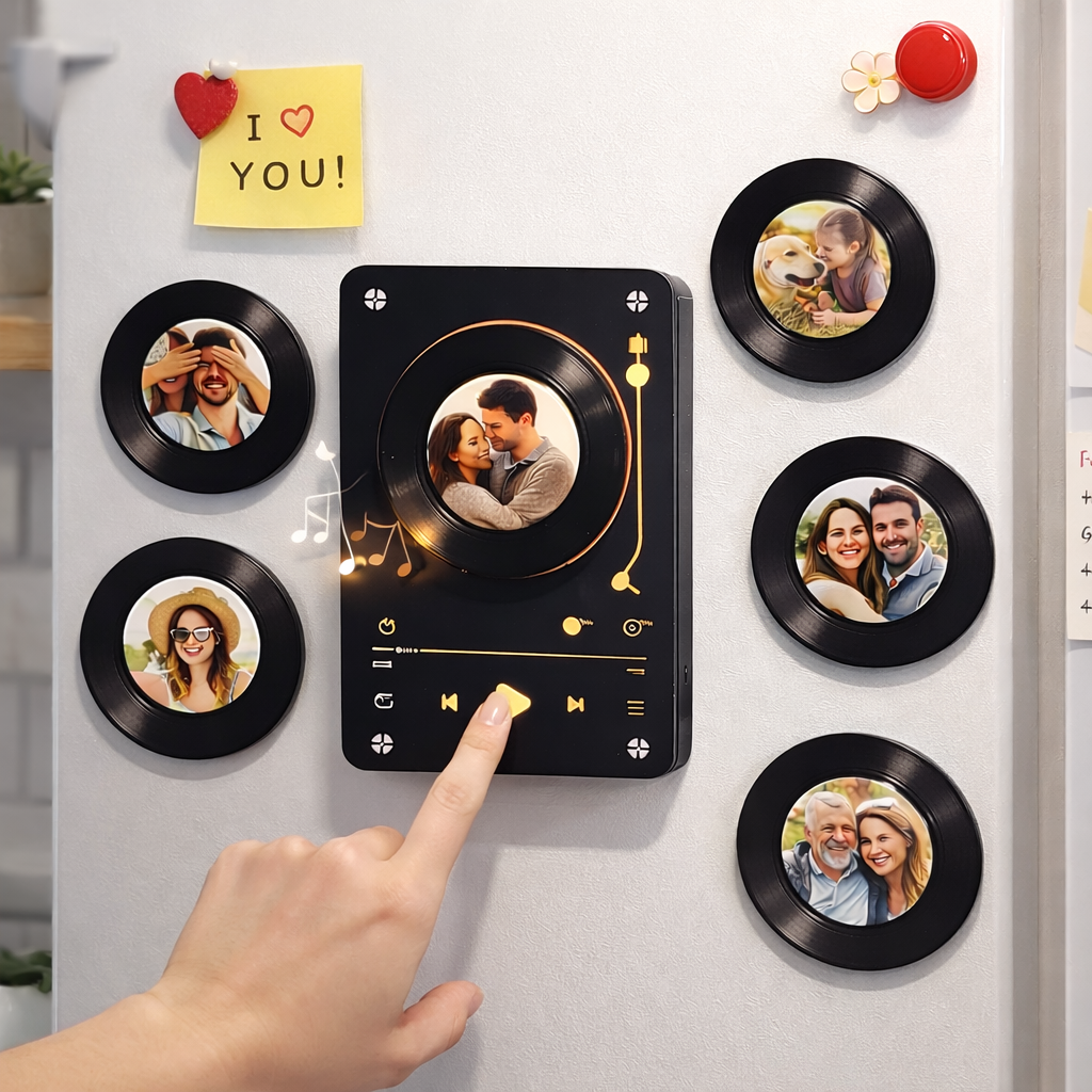 Personalized Vinyl Record Music Fridge Magnet – Custom Photo & Song Playback Magnet, Retro Music Wall Decor Gift for Couples & Family - Fridgebeatsca
