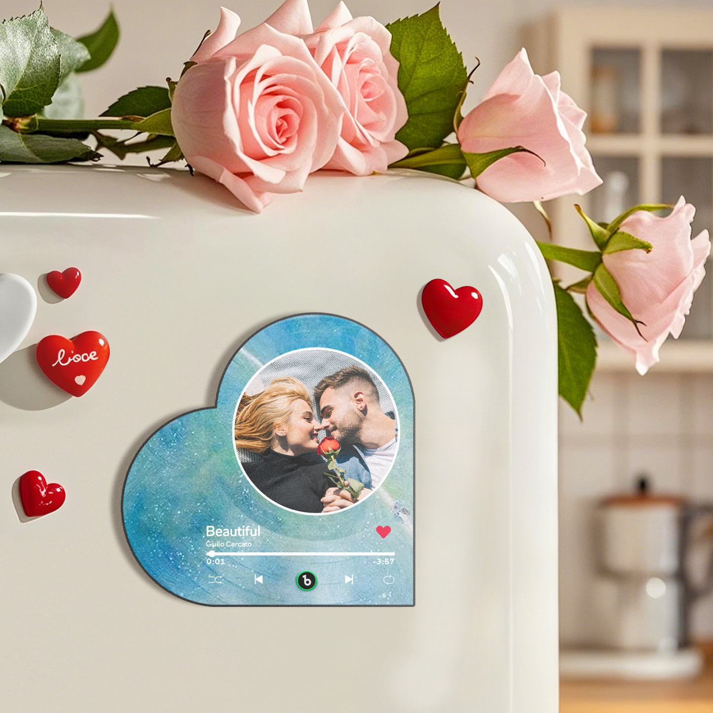 Custom Heart-Shaped Music Fridge Magnet with Names and Photo Personalized Gift for Couples - Fridgebeatsuk