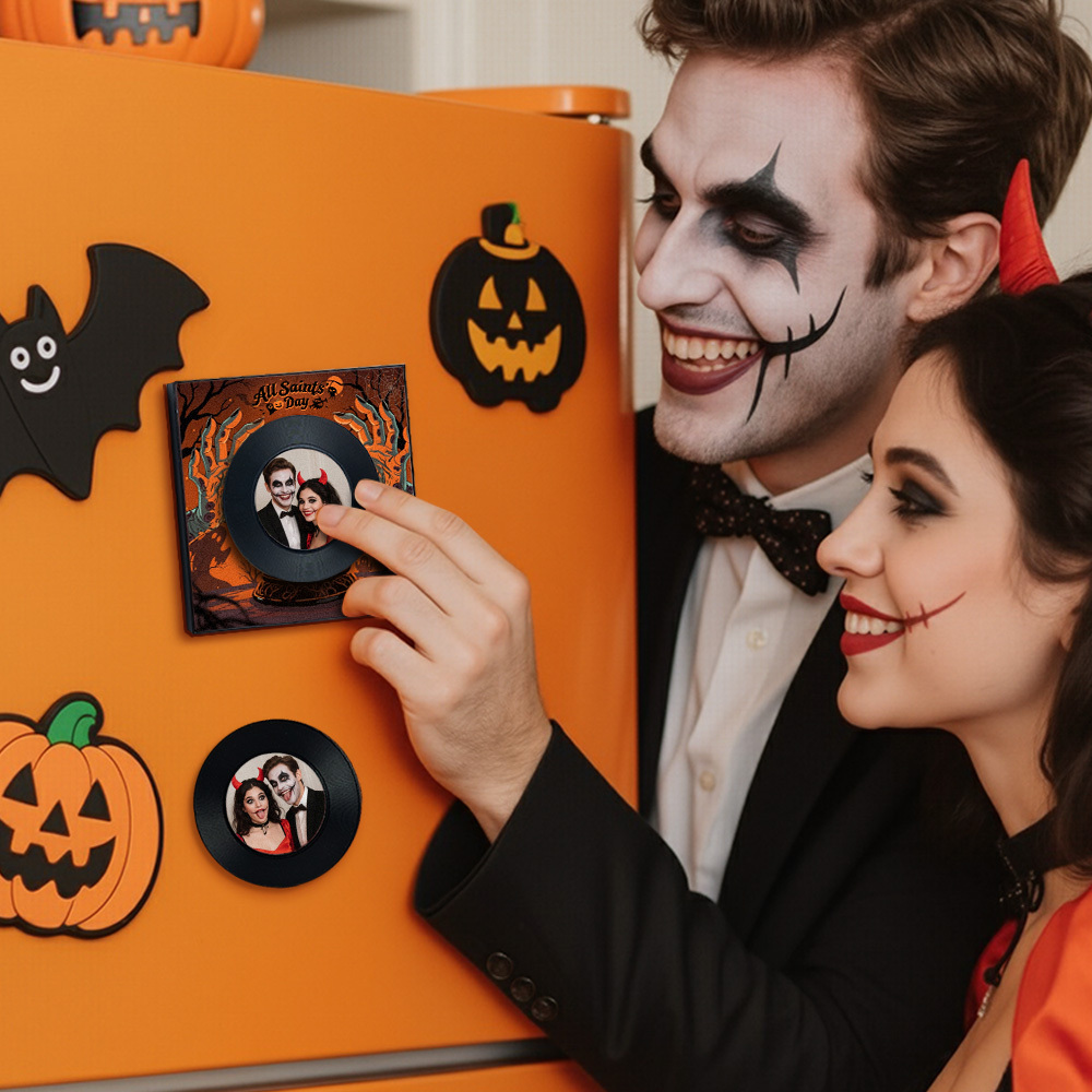 All Saint's Day Fridge Magnet Custom Music & Photo Fridge Magnet Can Customize 1-6  Vinyl Record and Songs Personalized Vintage Photo Song That Can Play Music Halloween Gifts for Couple - Fridgebeatsuk
