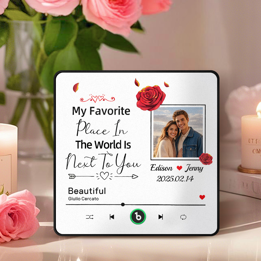 Custom Music Fridge Magnet Personalized Photo Refrigerator Magnet With Flower Pattern My Favorite Place In The World Is Next To You Gift for Couple - Fridgebeatsuk