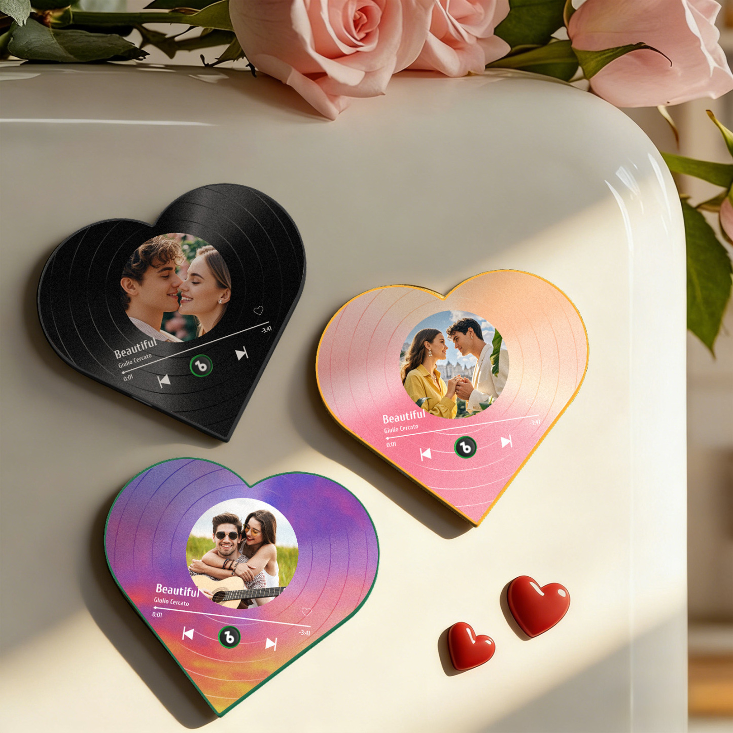 Custom Heart-Shaped Music Photo Fridge Magnet Vinyl Records Style Romantic Gift for Couples Valentine's Day Gifts - Fridgebeatsuk