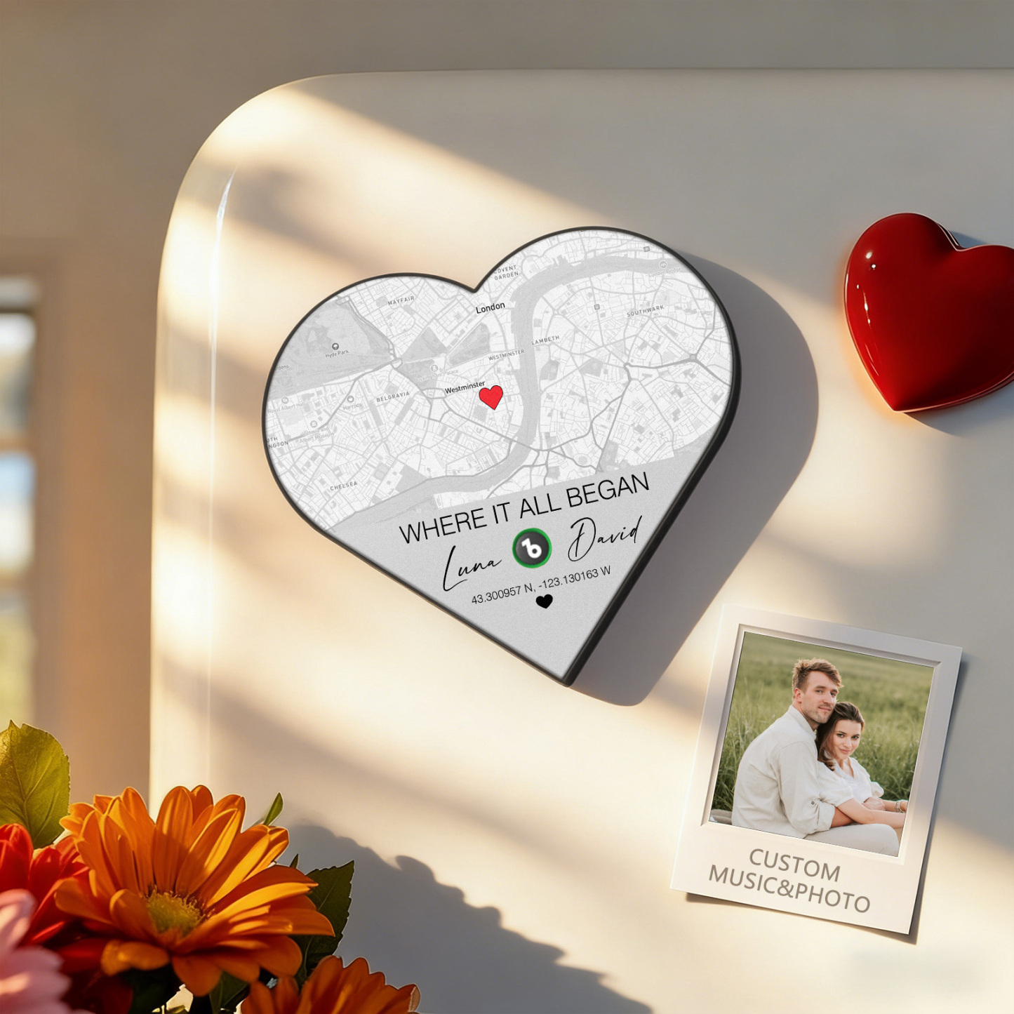 Custom Heart-Shaped Music Fridge Magnet Location Map Fridge Magnet Romantic Gift for Couples Valentine's Day Gifts - Fridgebeatsuk