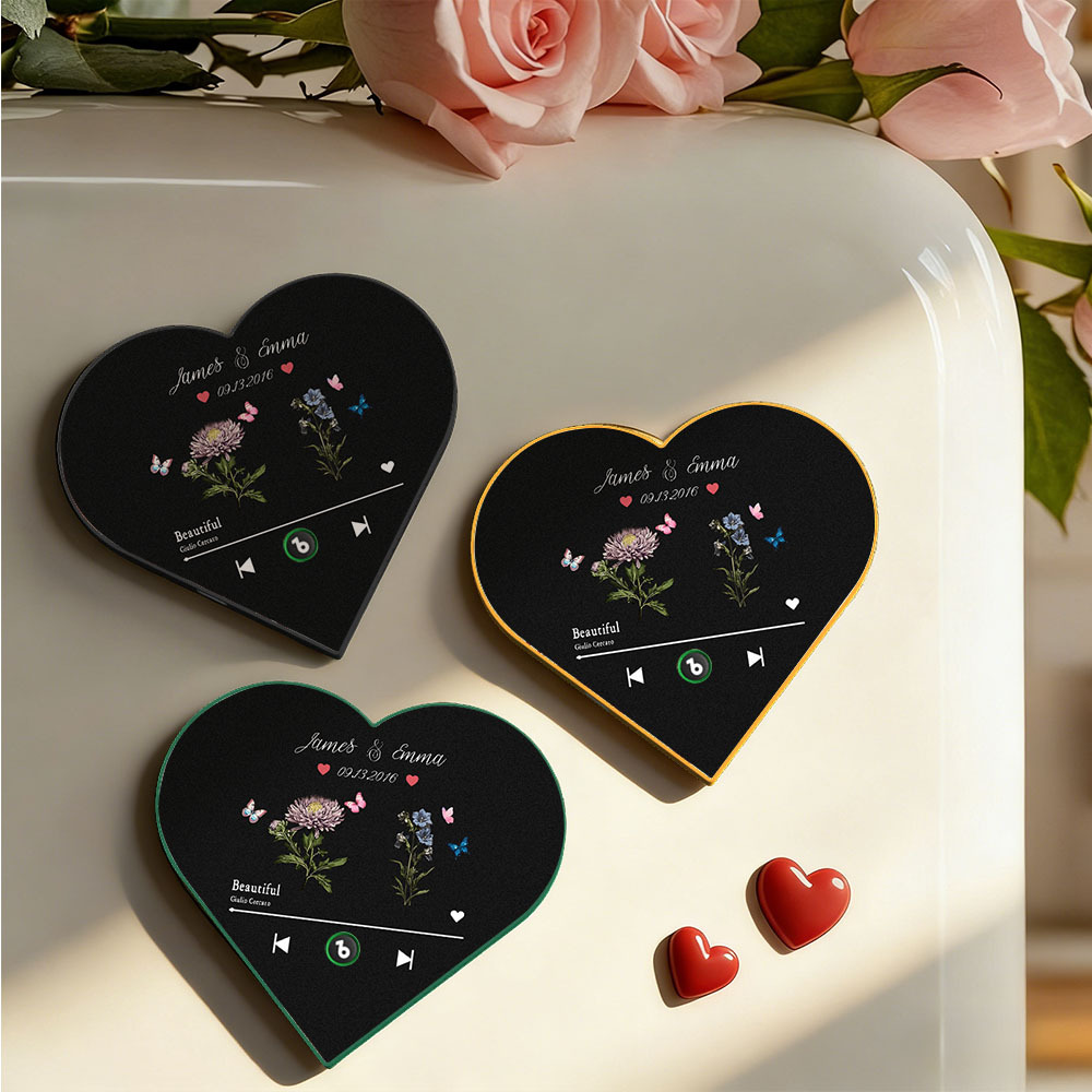 Custom Heart-Shaped Birth Month Flower Music Fridge Magnet Romantic Gift for Couples Valentine's Day Gifts - Fridgebeatsuk