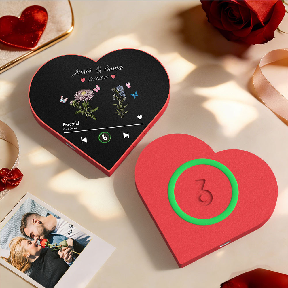 Custom Heart-Shaped Birth Month Flower Music Fridge Magnet Romantic Gift for Couples Valentine's Day Gifts - Fridgebeatsuk